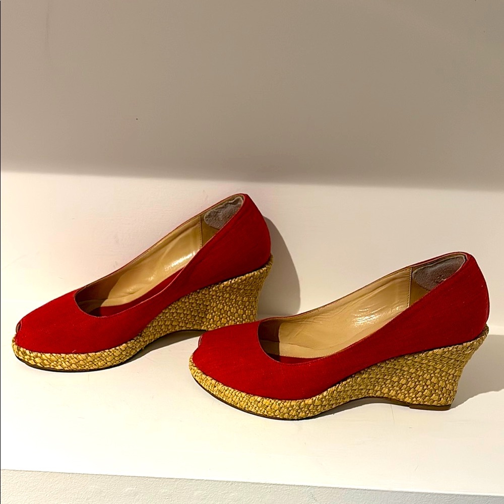 “Lindsay Perry” Brick Red Linen Peep Toe Wedge Shoes